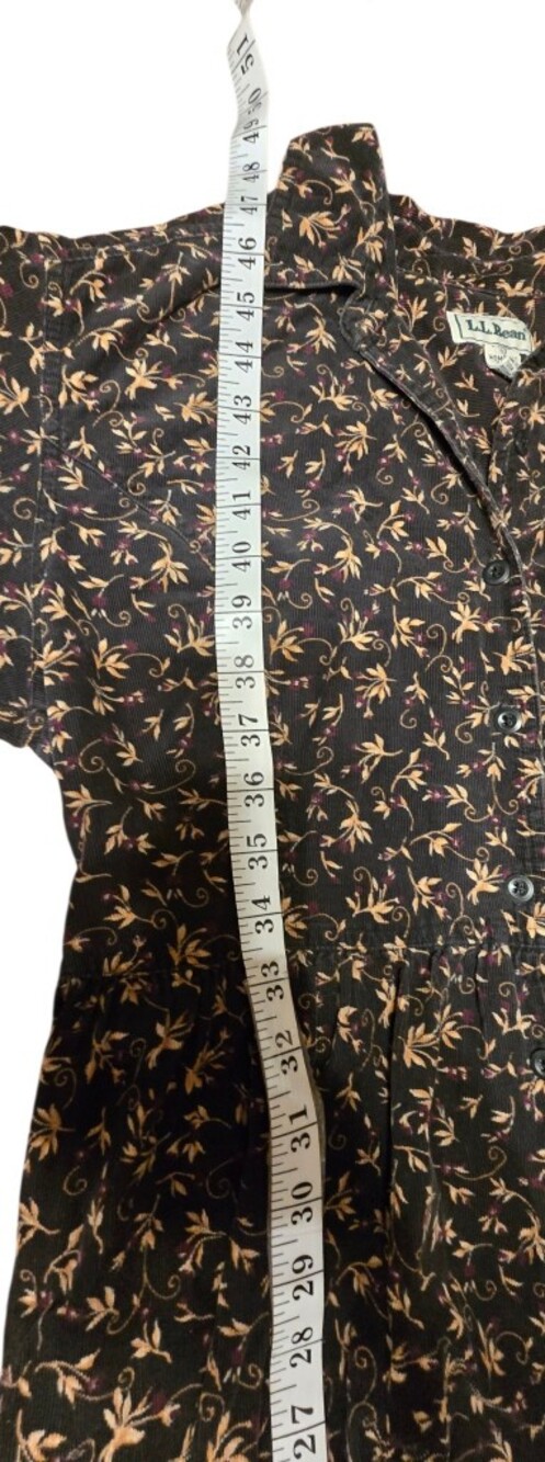 Vintage 90s L.L. Bean Floral Corduroy Button-Down Midi Dress Dark Brown Sz 10 - Picture 9 of 10